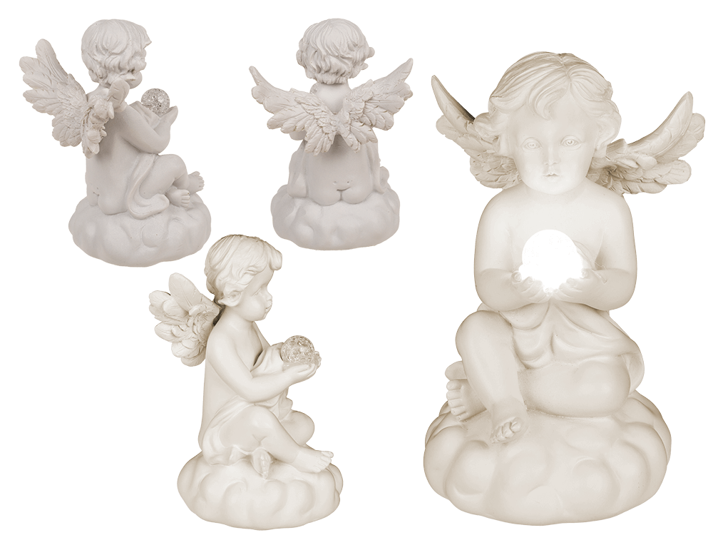 Sitting polyresin angel with white LED ball,
