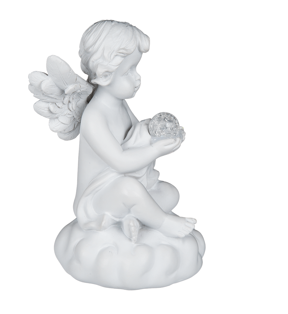 Sitting polyresin angel with white LED ball,