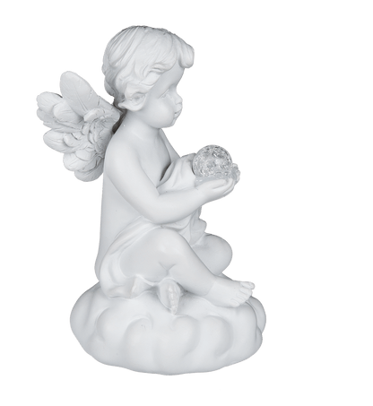 Sitting polyresin angel with white LED ball,