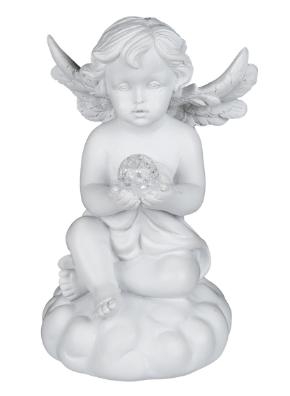Sitting polyresin angel with white LED ball,