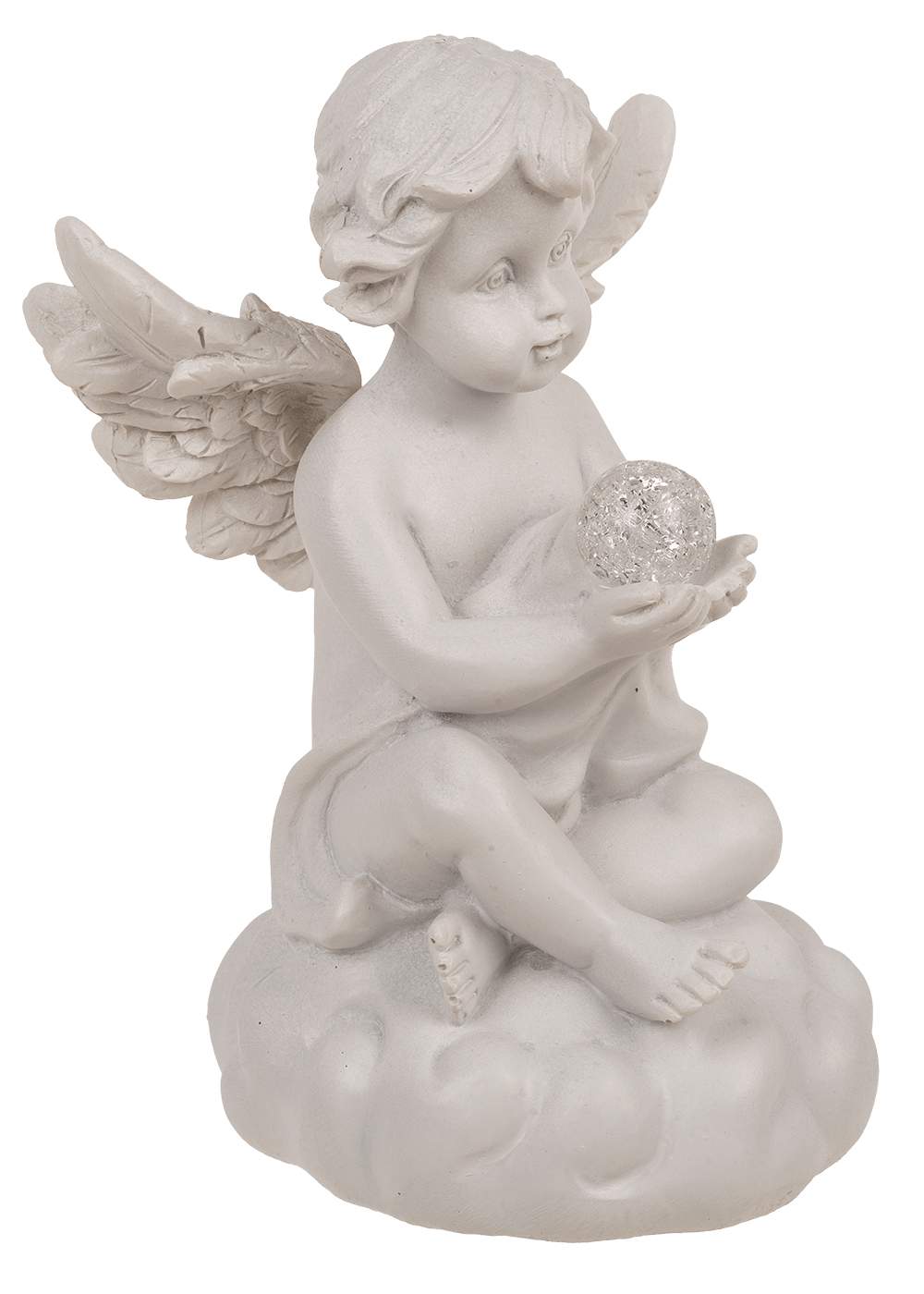 Sitting polyresin angel with white LED ball,