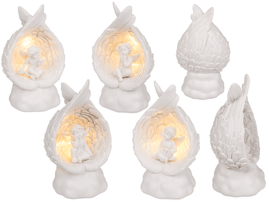 Sitting polyresin angel in wings with warmwhite,