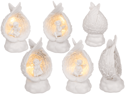 Sitting polyresin angel in wings with warmwhite,