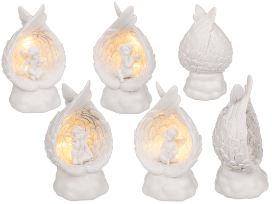 Sitting polyresin angel in wings with warmwhite,