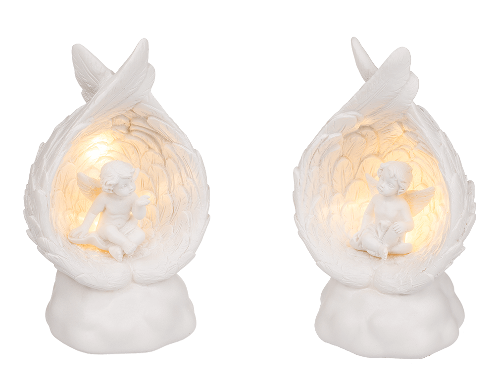 Sitting polyresin angel in wings with warmwhite,