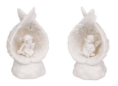 Sitting polyresin angel in wings with warmwhite,