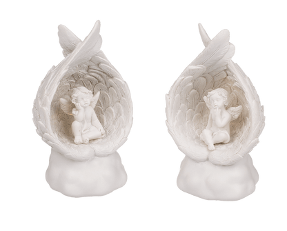 Sitting polyresin angel in wings with warmwhite,