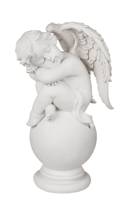 Sitting polyresin angel on ball,