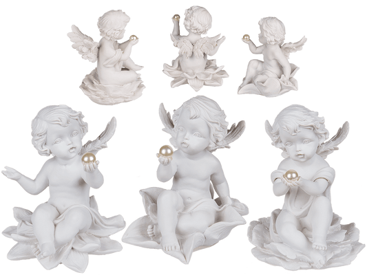Sitting polyresin angel with pearl on flower,