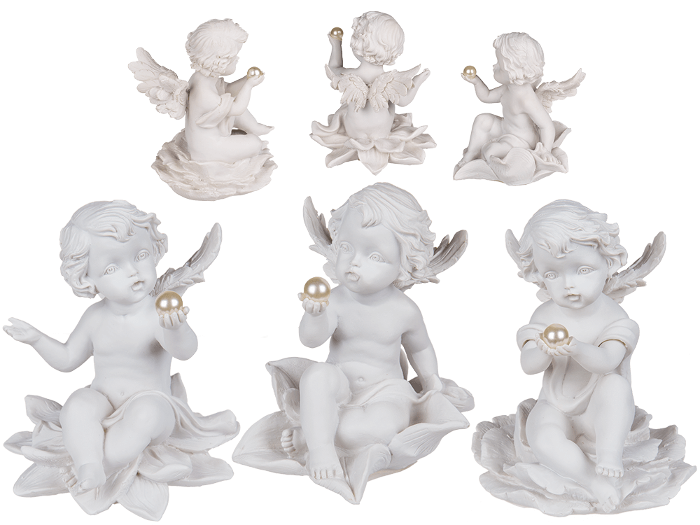 Sitting polyresin angel with pearl on flower,