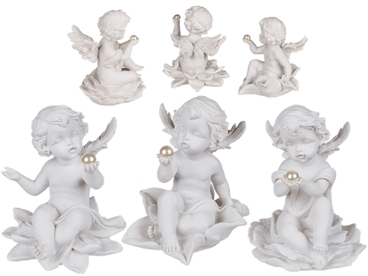 Sitting polyresin angel with pearl on flower,