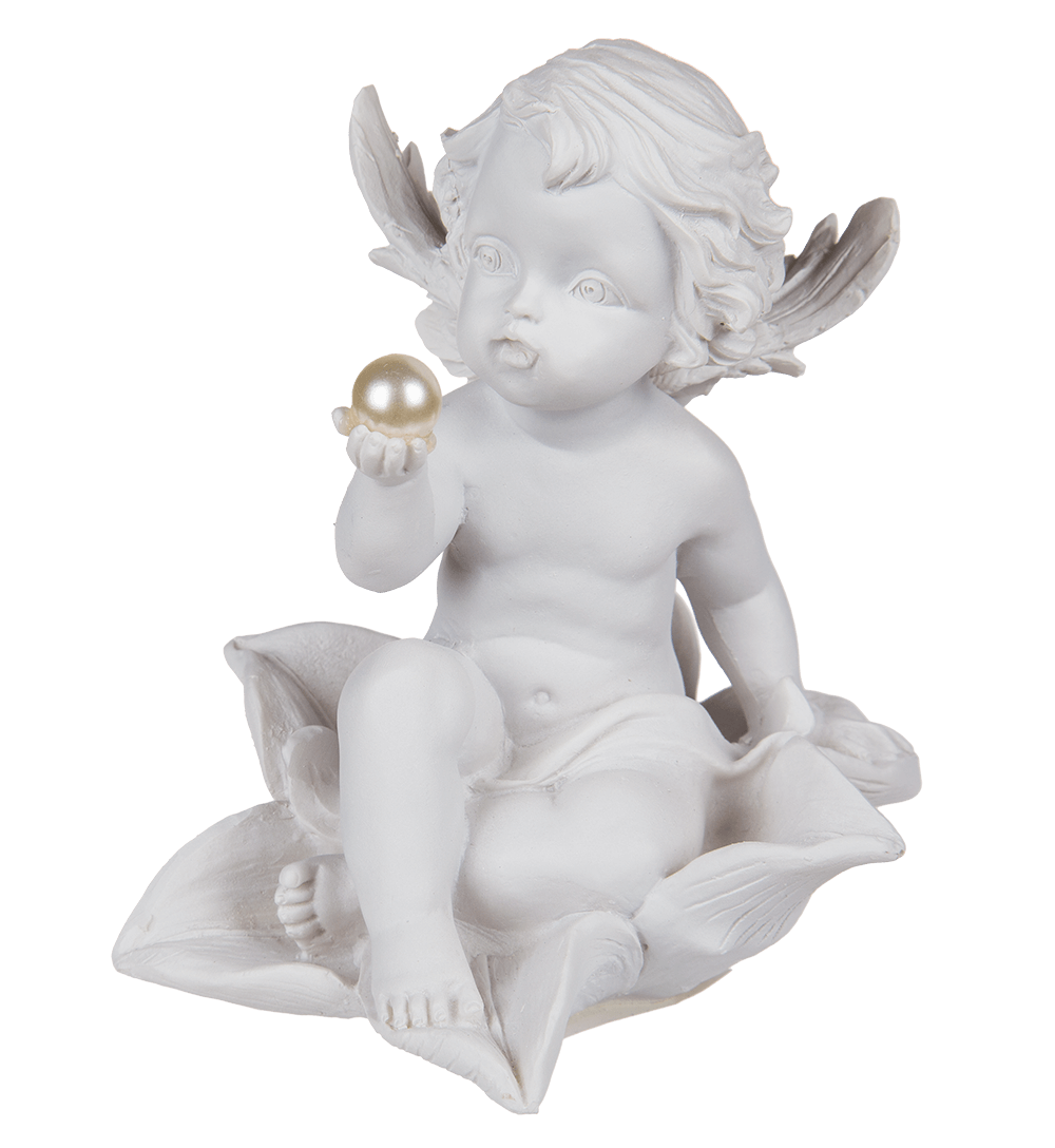 Sitting polyresin angel with pearl on flower,