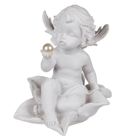 Sitting polyresin angel with pearl on flower,