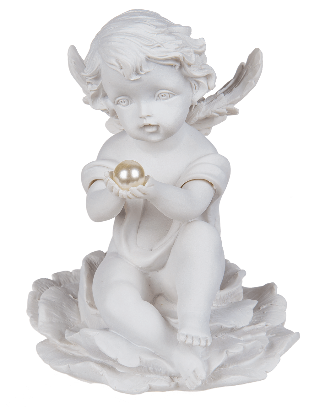 Sitting polyresin angel with pearl on flower,
