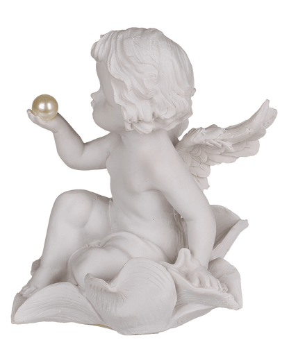 Sitting polyresin angel with pearl on flower,