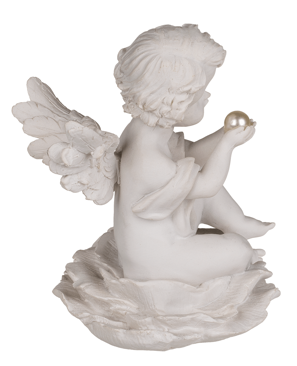 Sitting polyresin angel with pearl on flower,