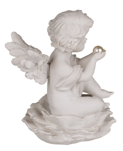 Sitting polyresin angel with pearl on flower,