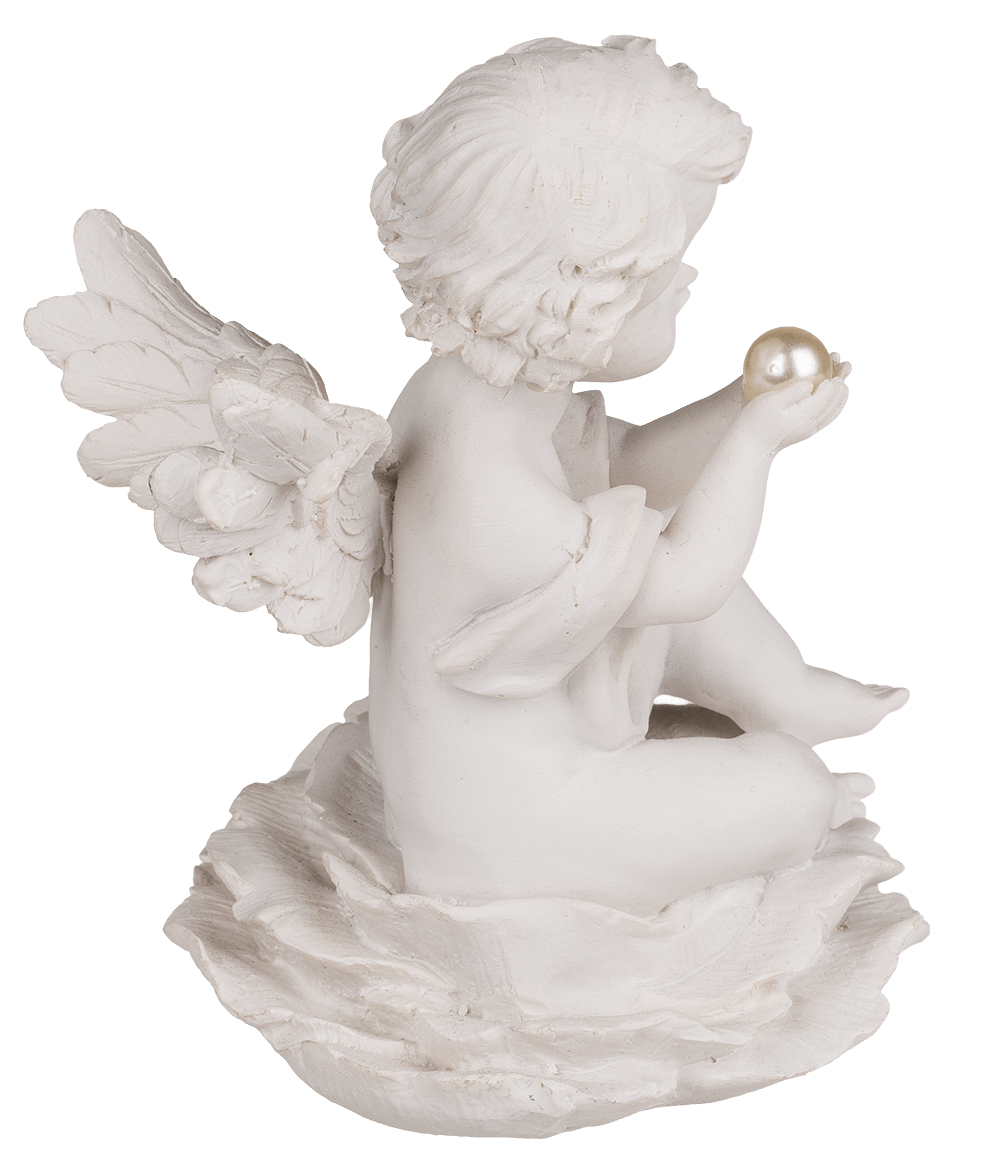 Sitting polyresin angel with pearl on flower,