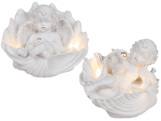 Lying polyresin angel with pearl in shell & LED,