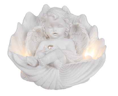 Lying polyresin angel with pearl in shell & LED,