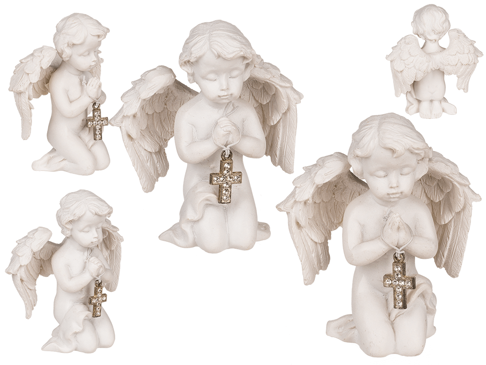 Kneeling polyresin angel with silver coloured,