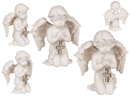 Kneeling polyresin angel with silver coloured,
