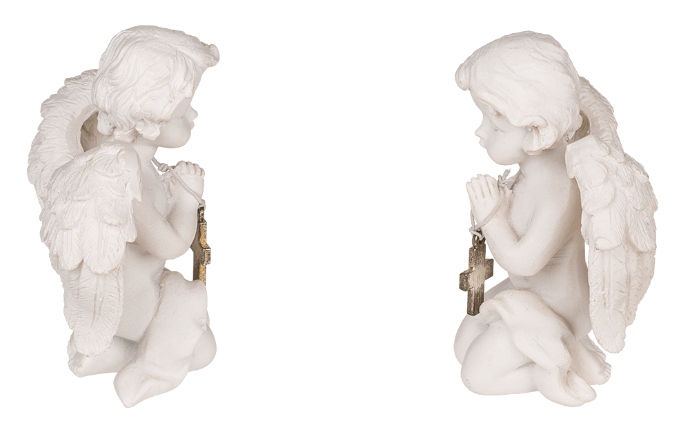 Kneeling polyresin angel with silver coloured,