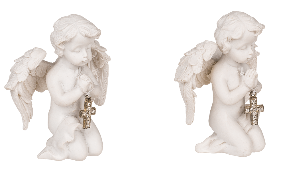 Kneeling polyresin angel with silver coloured,