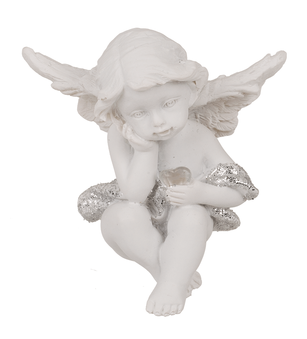 Sitting polyresin angel with crystal heart,