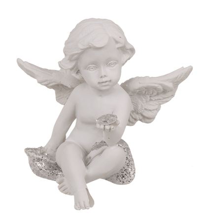 Sitting polyresin angel with crystal heart,