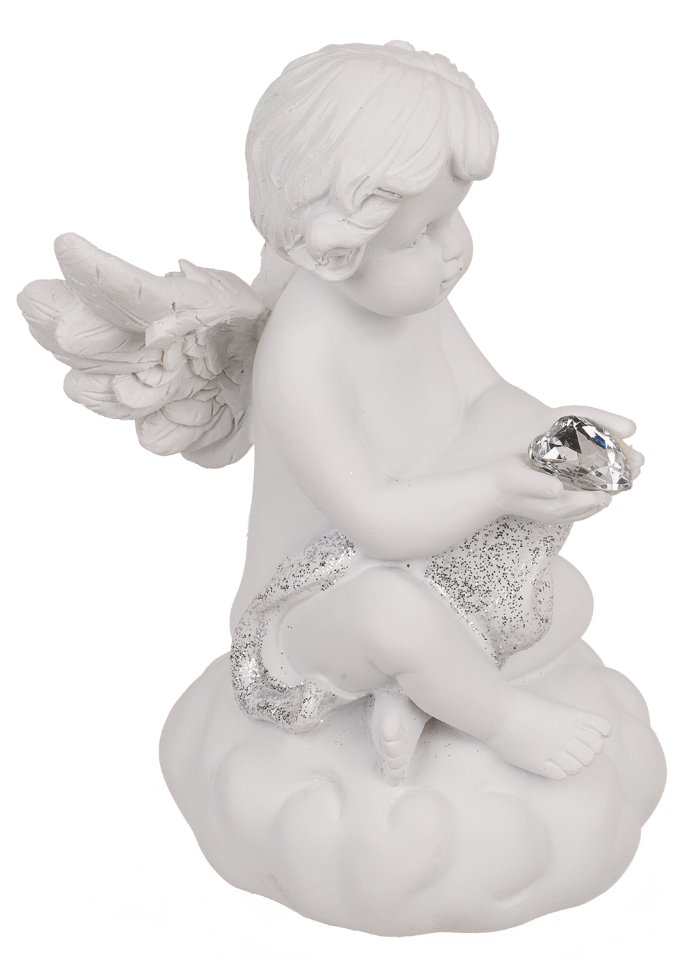 Sitting polyresin angel with white LED heart,