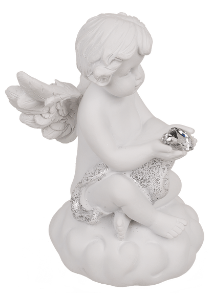 Sitting polyresin angel with white LED heart,