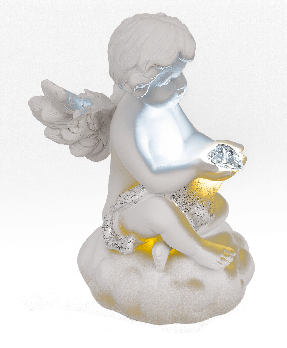 Sitting polyresin angel with white LED heart,