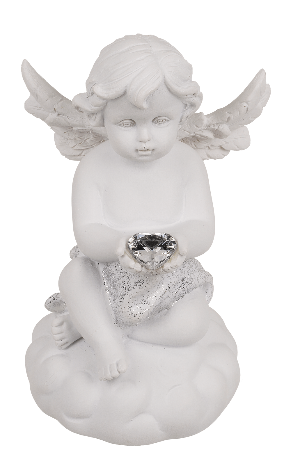 Sitting polyresin angel with white LED heart,