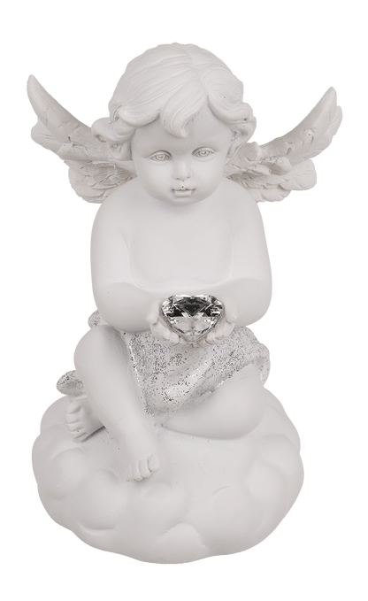 Sitting polyresin angel with white LED heart,