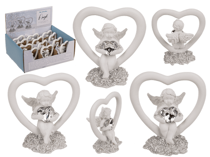 Sitting polyresin angel in heart with crystal