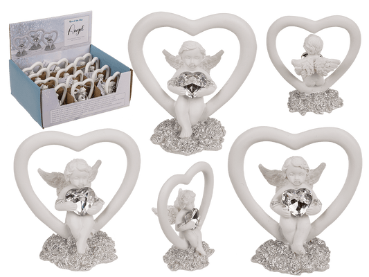 Sitting polyresin angel in heart with crystal