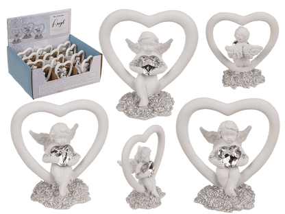 Sitting polyresin angel in heart with crystal