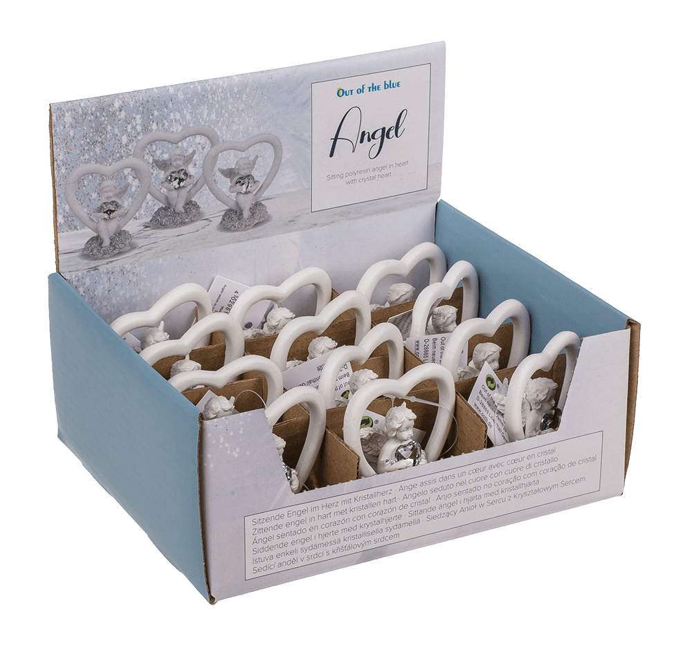 Sitting polyresin angel in heart with crystal