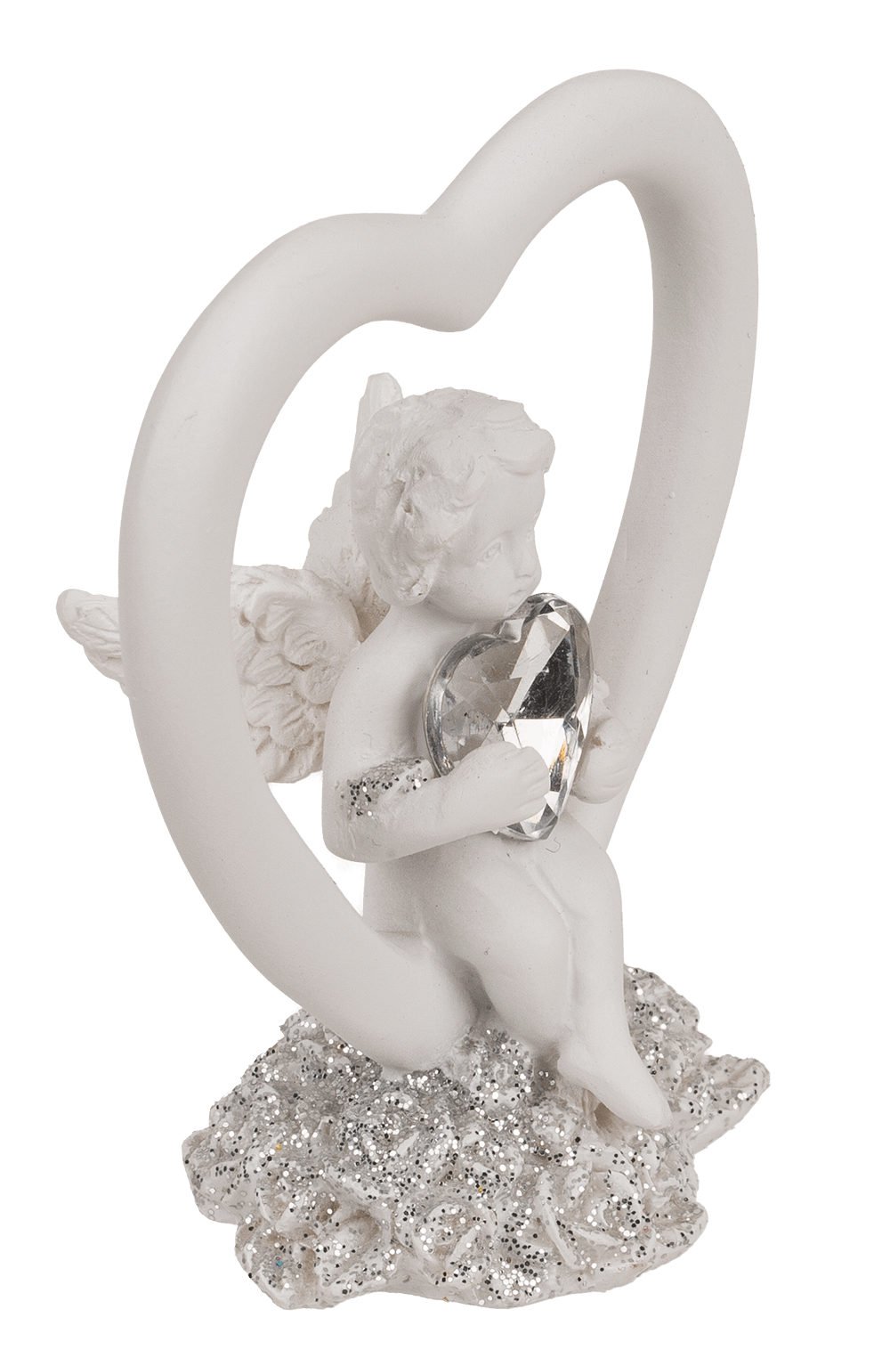 Sitting polyresin angel in heart with crystal