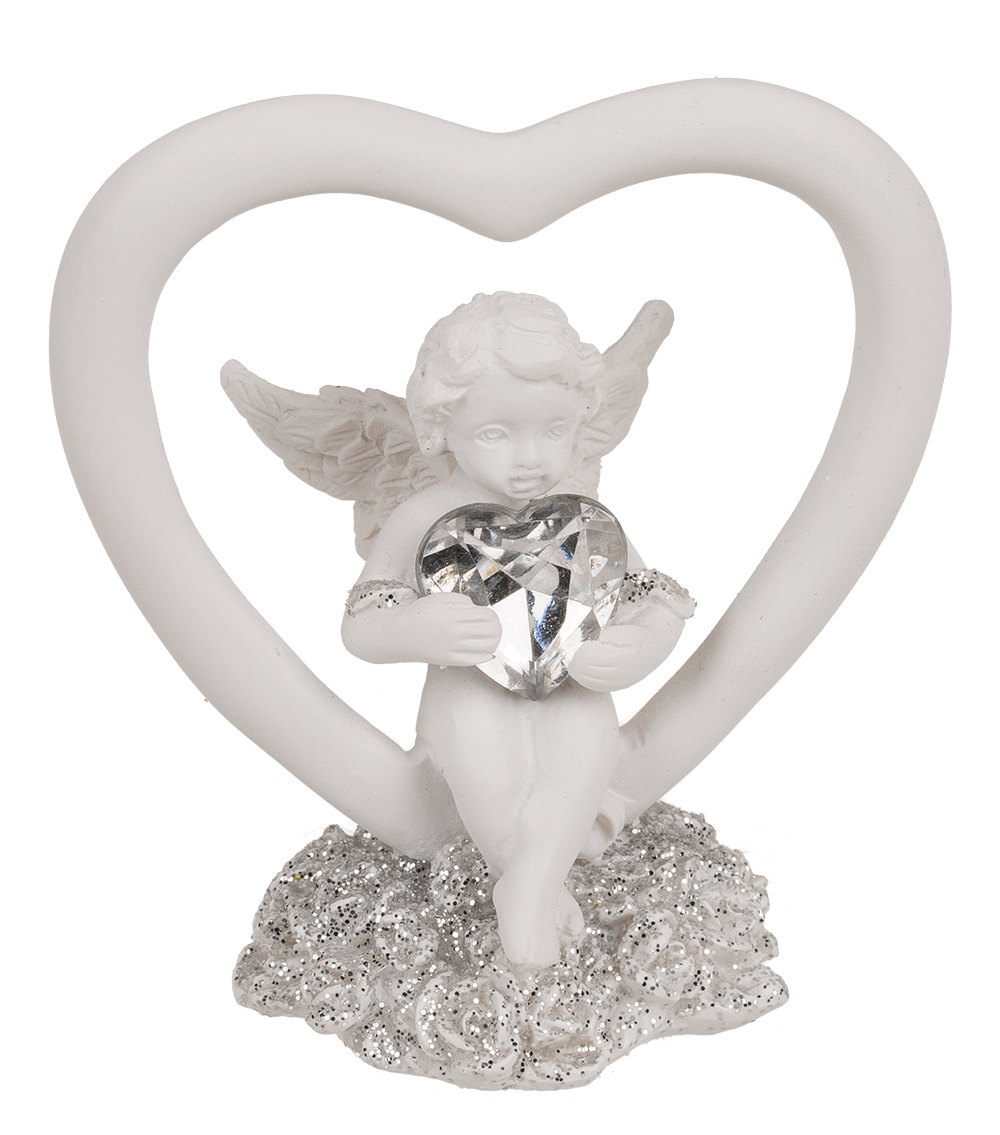 Sitting polyresin angel in heart with crystal