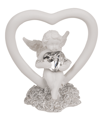 Sitting polyresin angel in heart with crystal