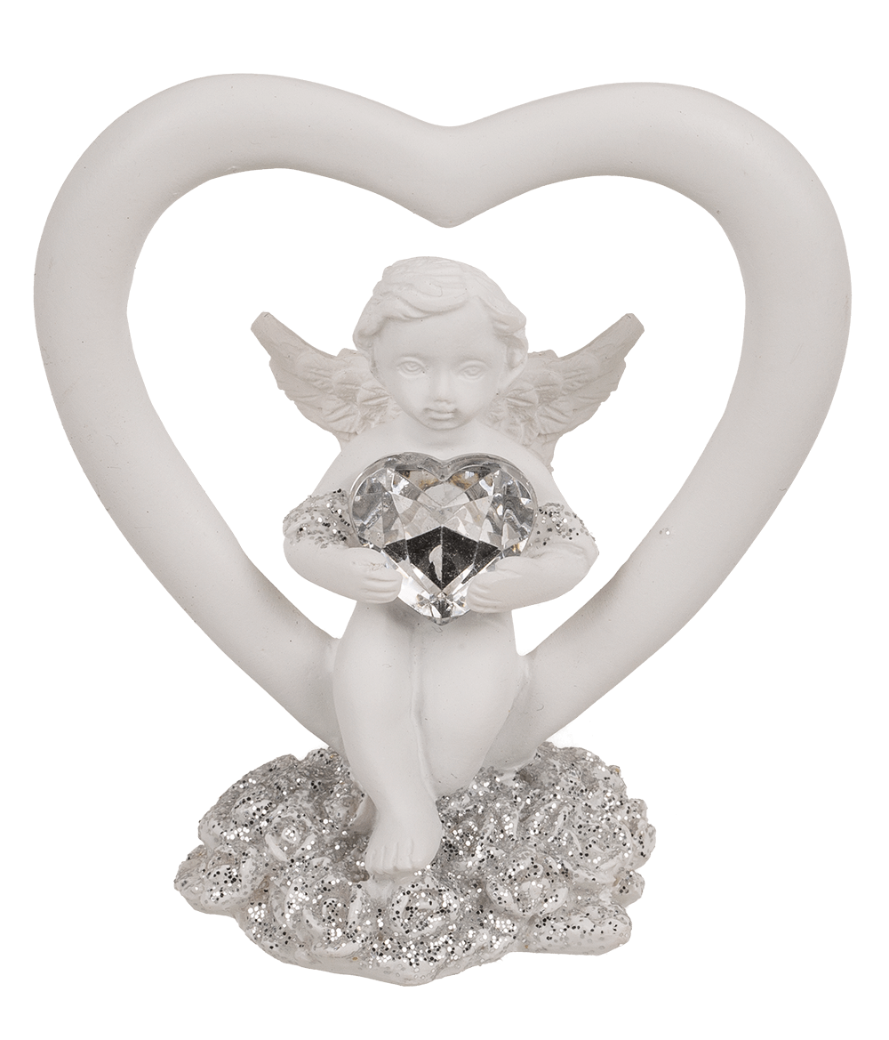 Sitting polyresin angel in heart with crystal