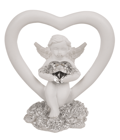 Sitting polyresin angel in heart with crystal