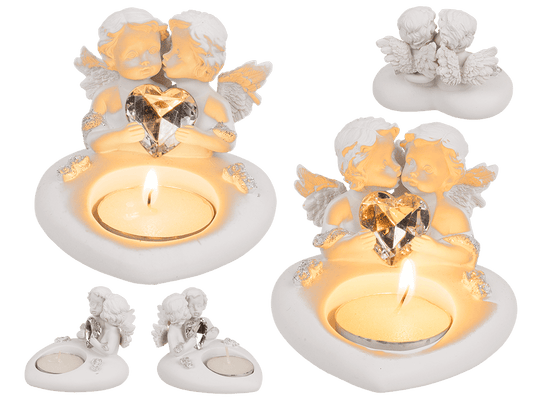 Polyresin heart tealight holder with double angel