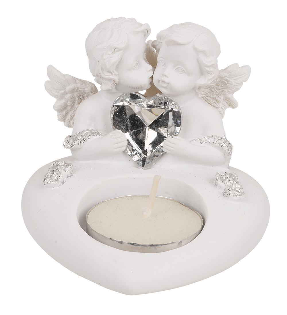 Polyresin heart tealight holder with double angel