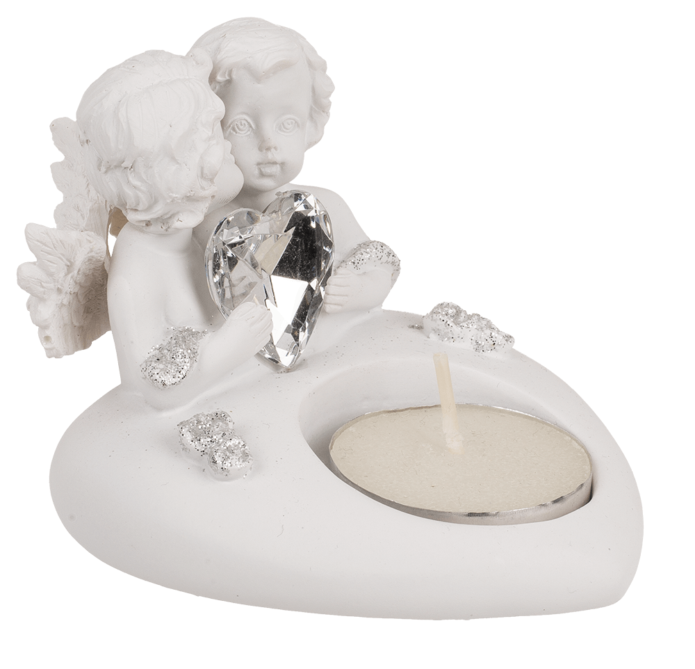 Polyresin heart tealight holder with double angel