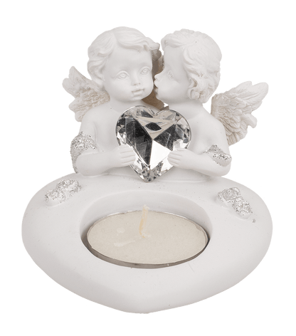 Polyresin heart tealight holder with double angel