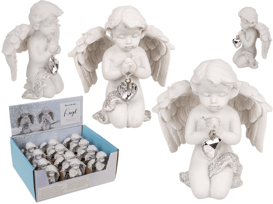 Kneeling polyresin angel with crystal heart,