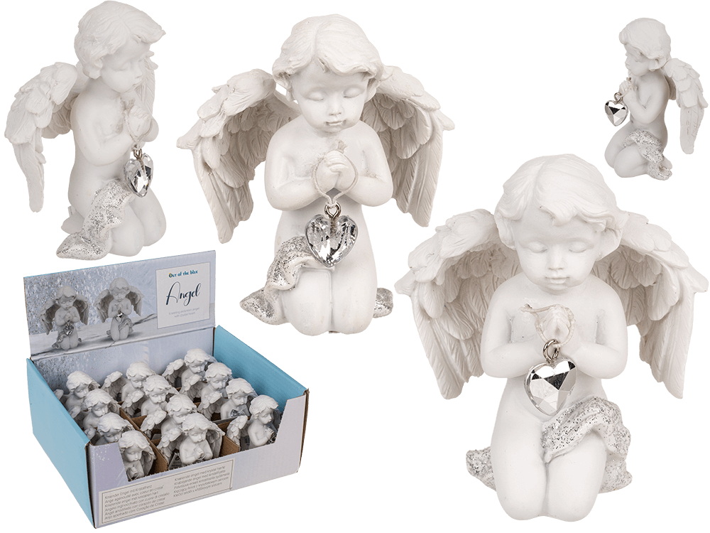Kneeling polyresin angel with crystal heart,